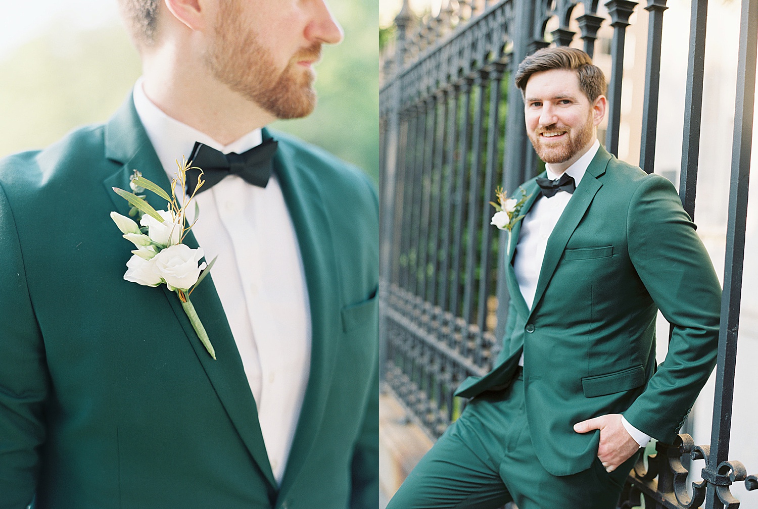 groom wearing a black suit and a black bowtie white a white rose boutonnière 