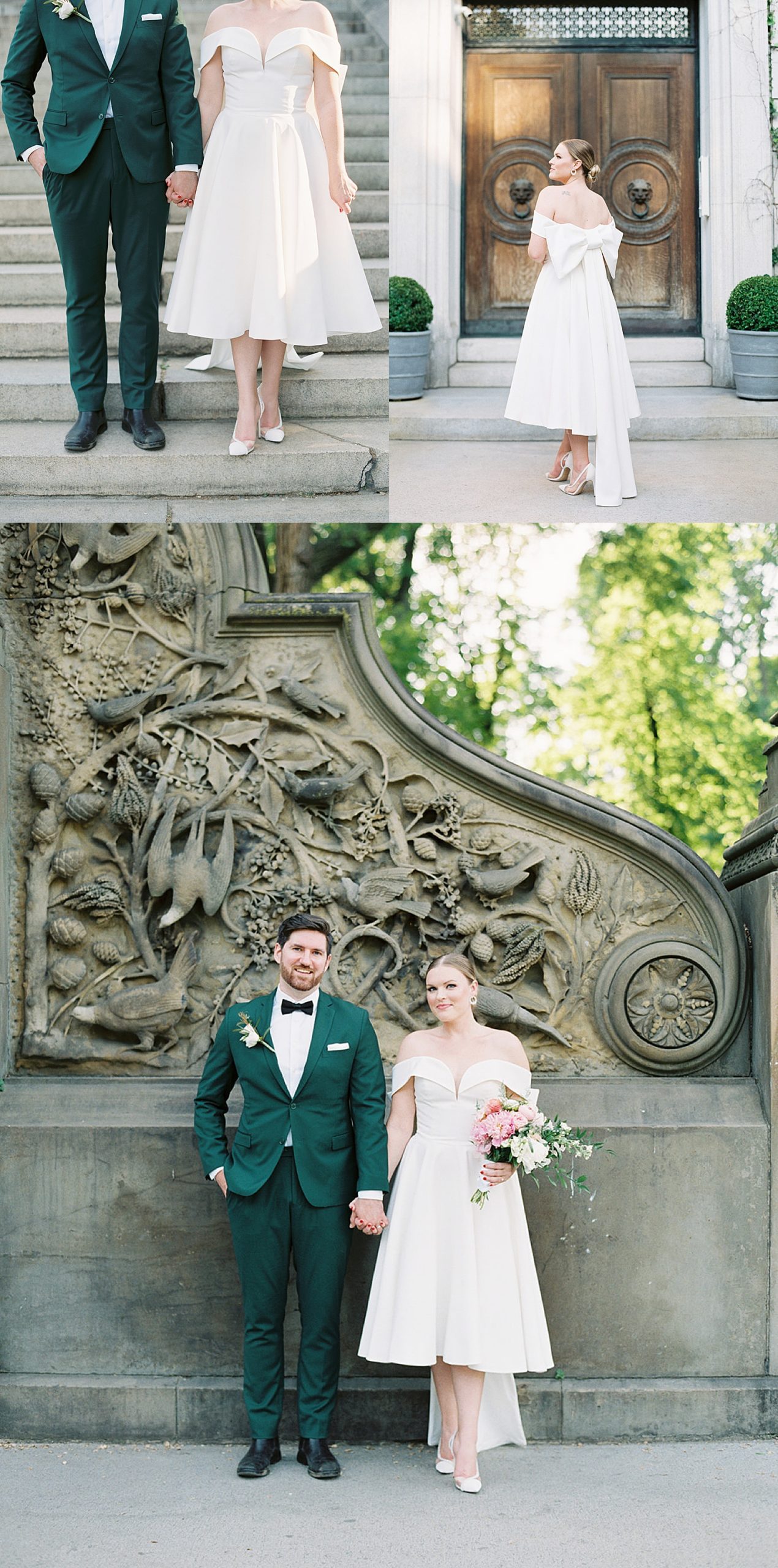 bride is wearing a vintage wedding dress and groom is wearing an emerald green suit with a black bowtie