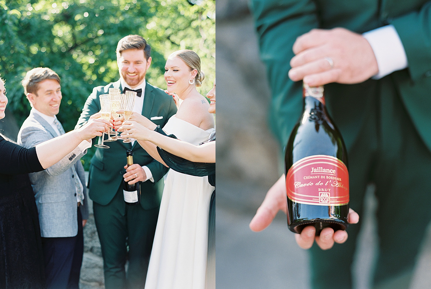 bride and groom pop a bottle of Champagne with their friends after elopement in Central Park 