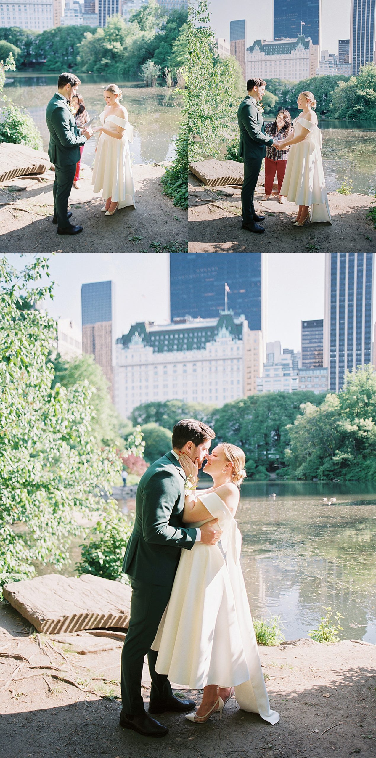 bride and groom share first kiss during Central Park elopement 