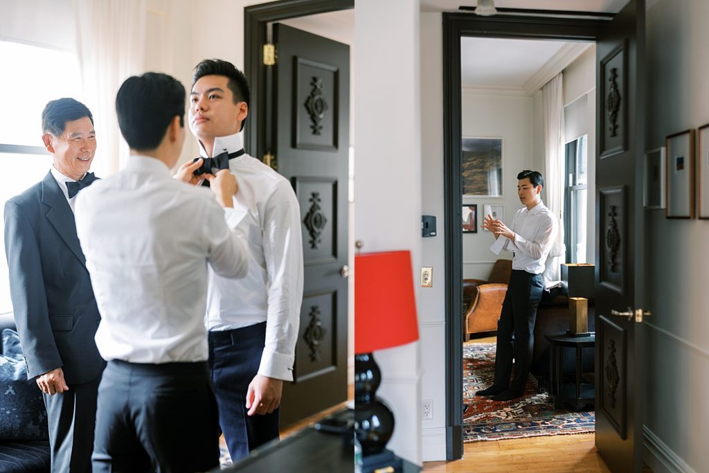 Two image collage of a groom getting ready at his wedding