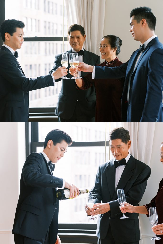 Groom sharing a toast with his family before his wedding.