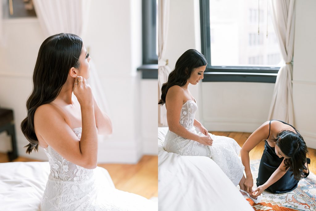 Bride getting her shoes and earrings on before her New York City wedding
