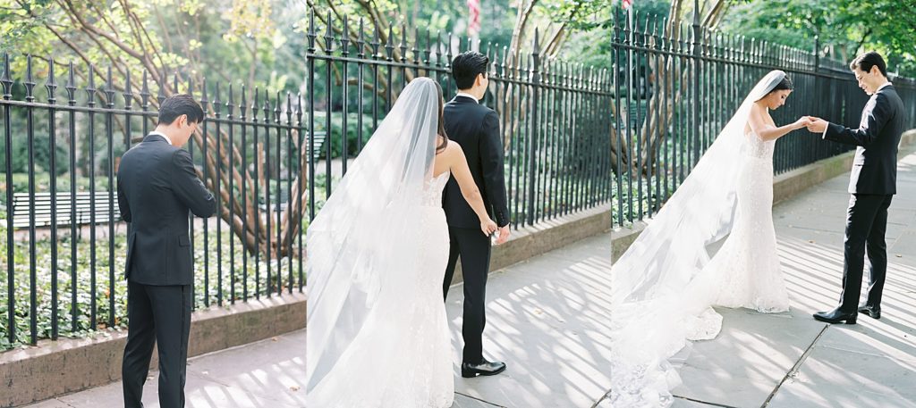 Collage of a first look for a bride and groom on the streets of New York City
