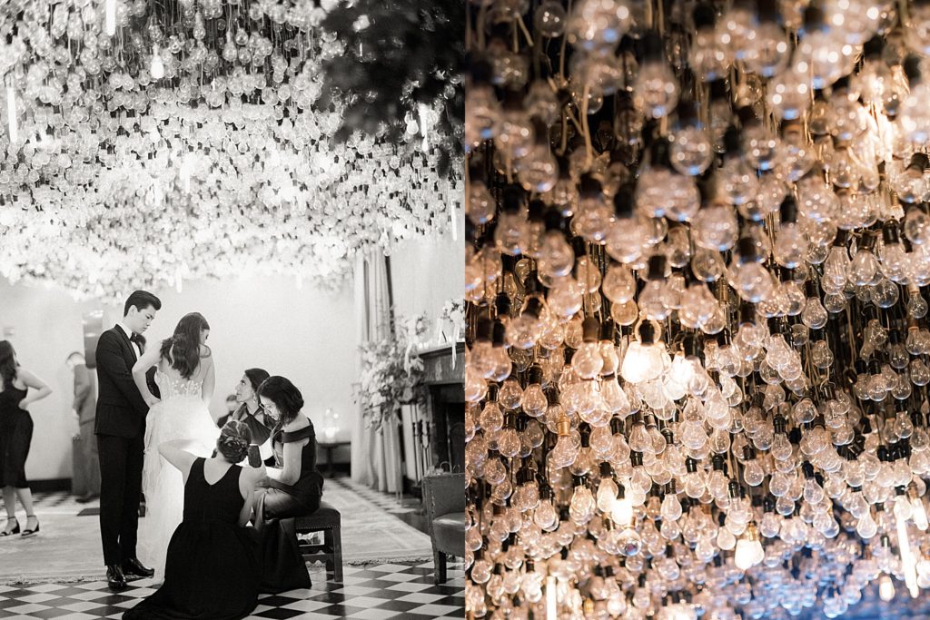 Two image collage of bride getting her dressed fixed into a train and a detail shot of the light fixture on the ceiling.