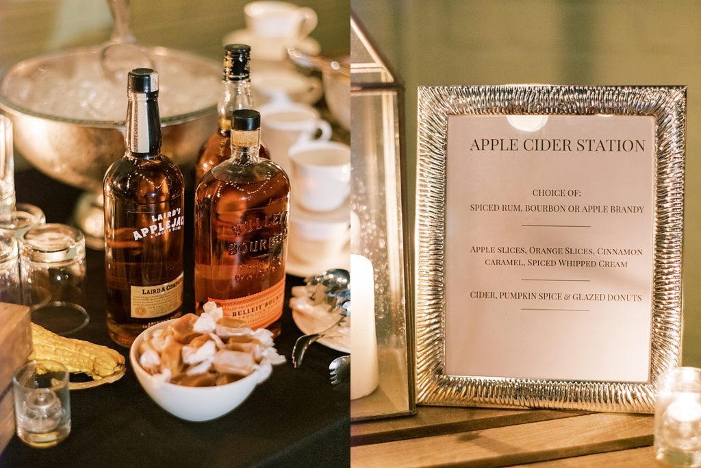 Two image collage of a apple cider bar at a wedding reception.
