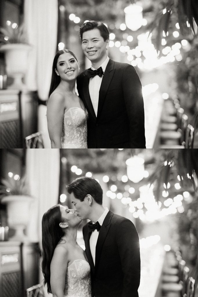 Two image collage of black and white candid photos of a bride and groom at their reception.