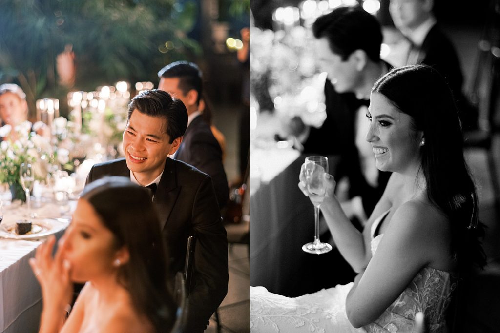 Two image collage of a bride and groom reacting to toasts at their wedding reception.