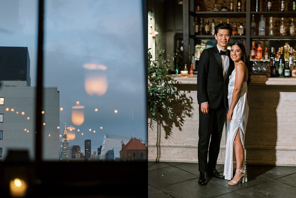 Two image collage of New York City through the window, and a bride and groom standing at the bar together.