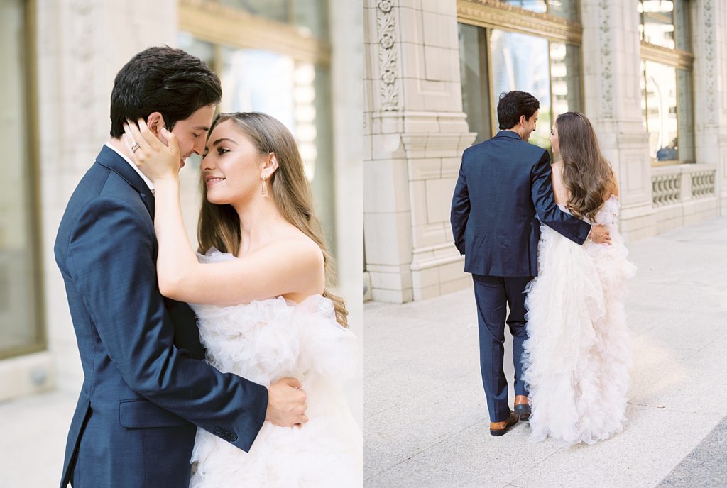 Two image collage of man and woman for their Chicago engagement session. They are wearing elegant clothing and walking in front of old stone buildings.