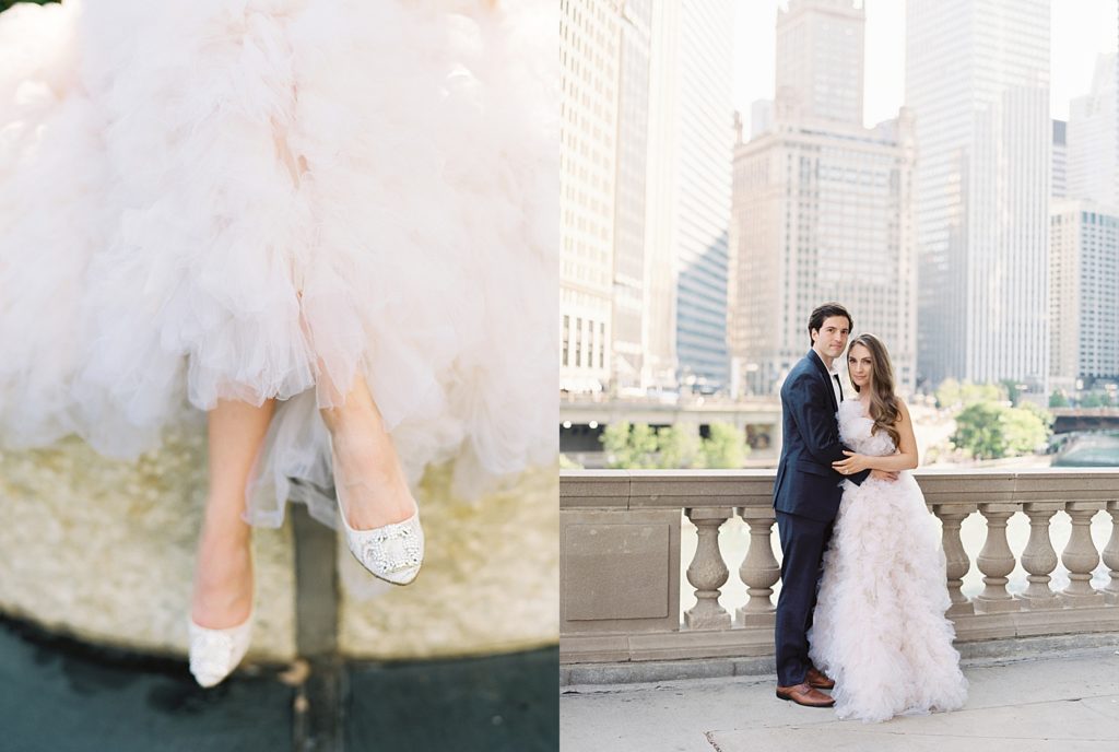 Two image collage: one image is bridal shoes peeking out from under big tulle gown. The next photo is an engaged couple in formal wear standing in front of downtown buildings, posing for the camera.
