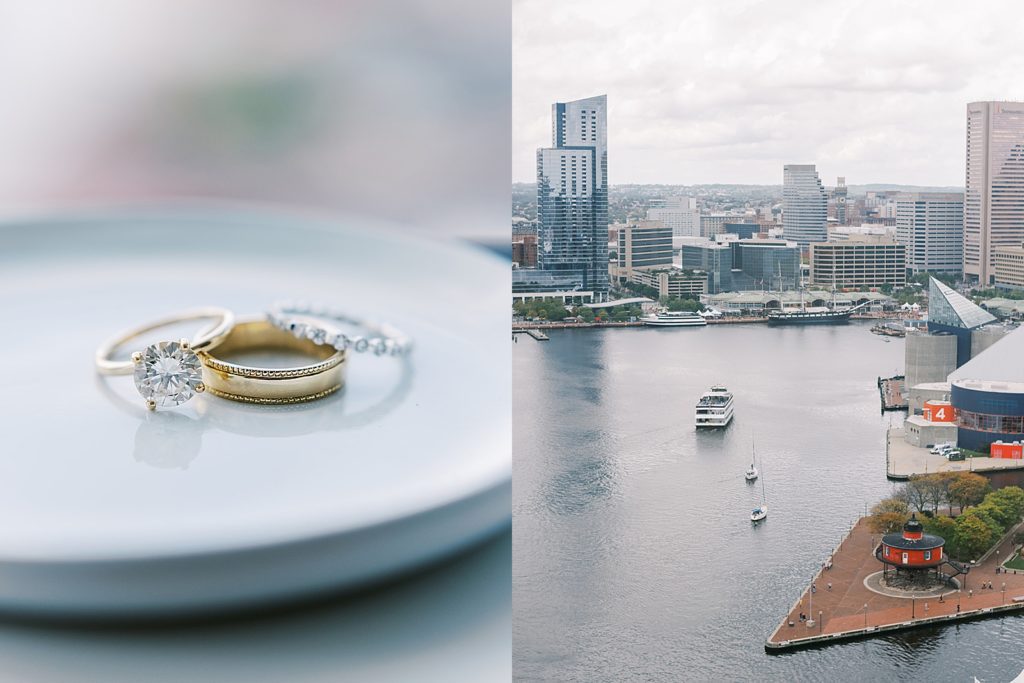 Two image collage of wedding rings and the Baltimore skyline.