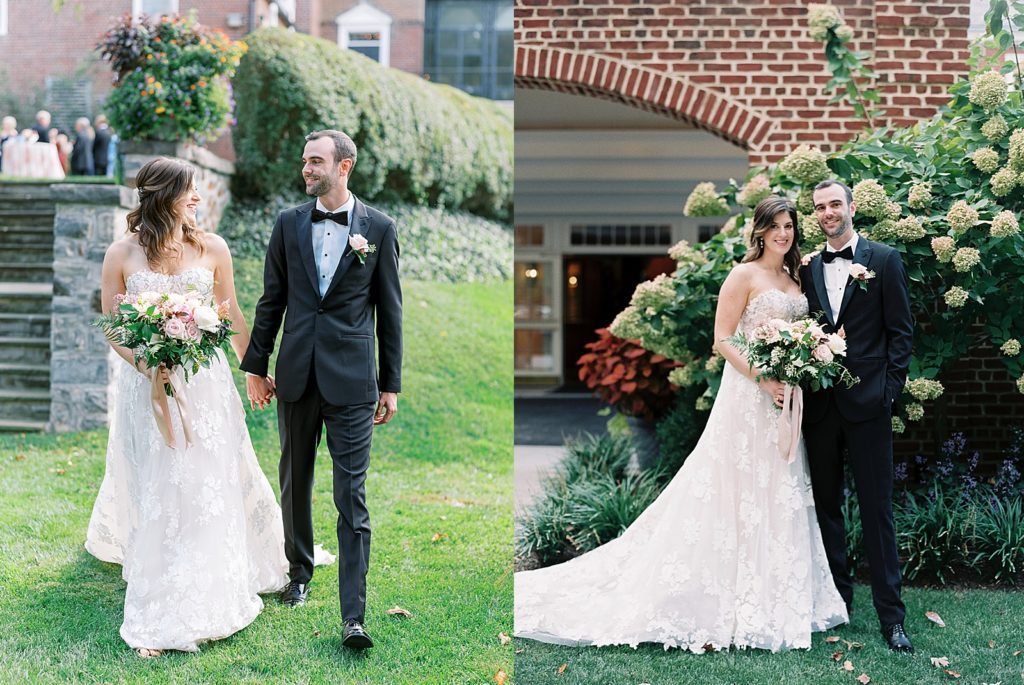 Two image collage of a bride and groom in the garden.