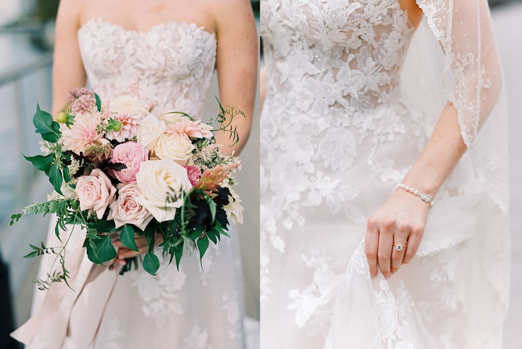 Collage of bridal details.