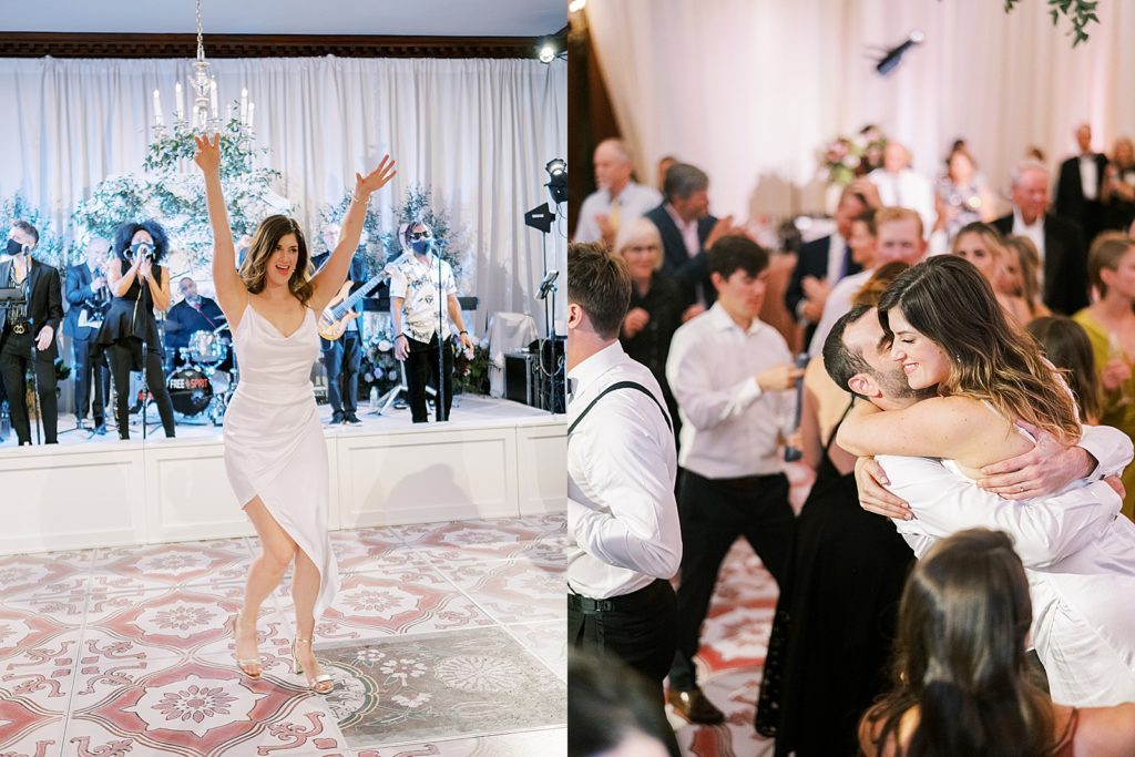 Collage of dancing people at a wedding.