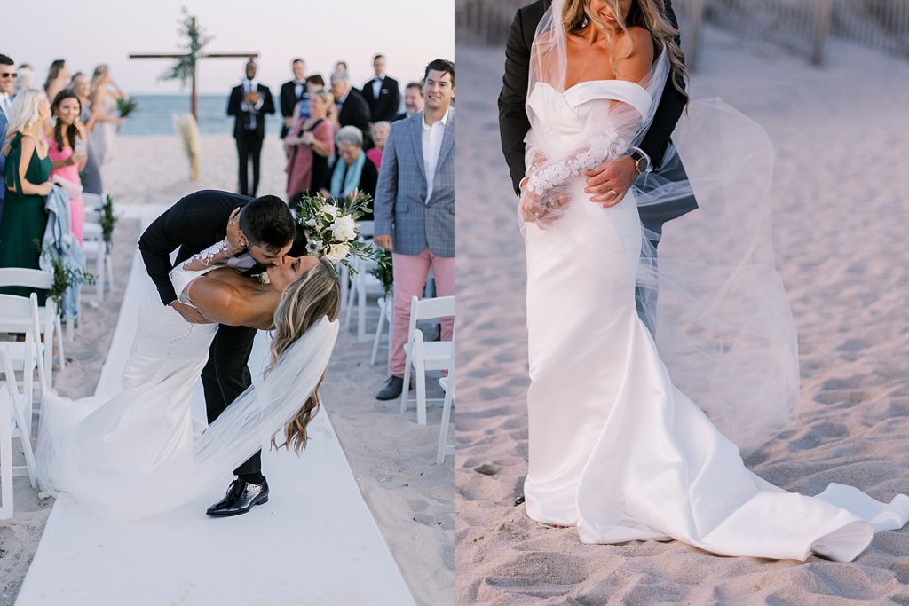 Newlyweds kissing and embracing right after their beach wedding ceremony.