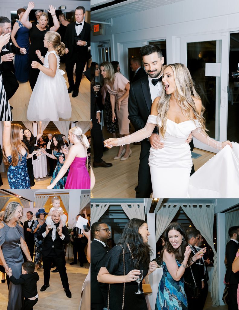Guests dancing with a bride and groom at their intimate dance party reception.