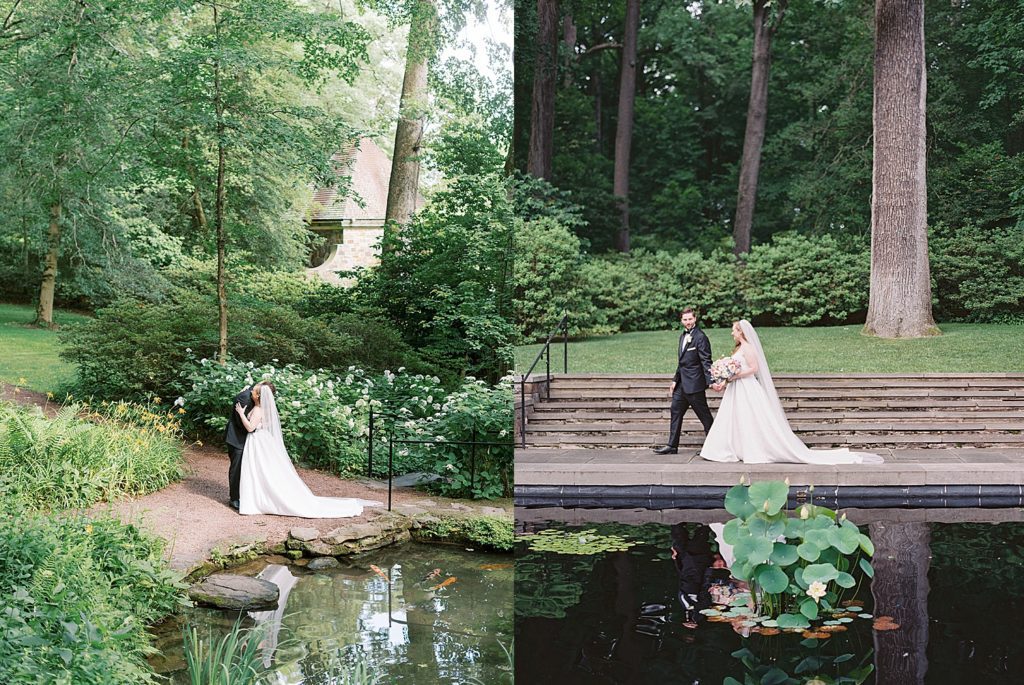 Bride and groom walking through the garden before their beautiful wedding in Delaware. 