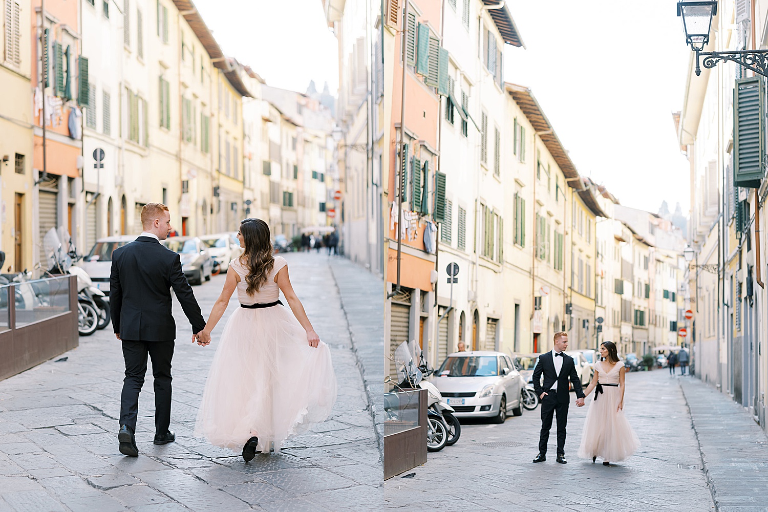 married couple walking around Italy on their Florence honeymoon with luxury wedding photographer