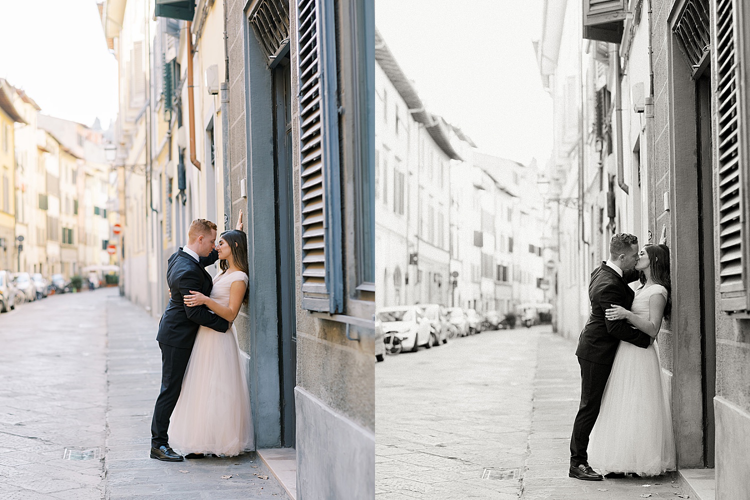 newly married couple walking the streets of Florence, Italy with destination wedding photographer 