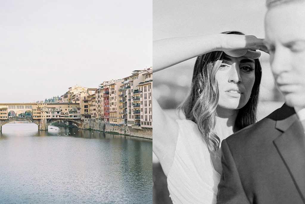 Italian bridge overlooking Florence with newly married couple and Italy wedding photographer