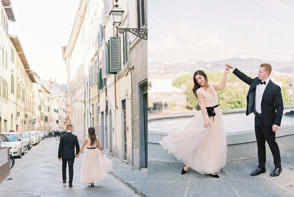 married couple dancing in the streets of Florence Italy on honeymoon with wedding photographer