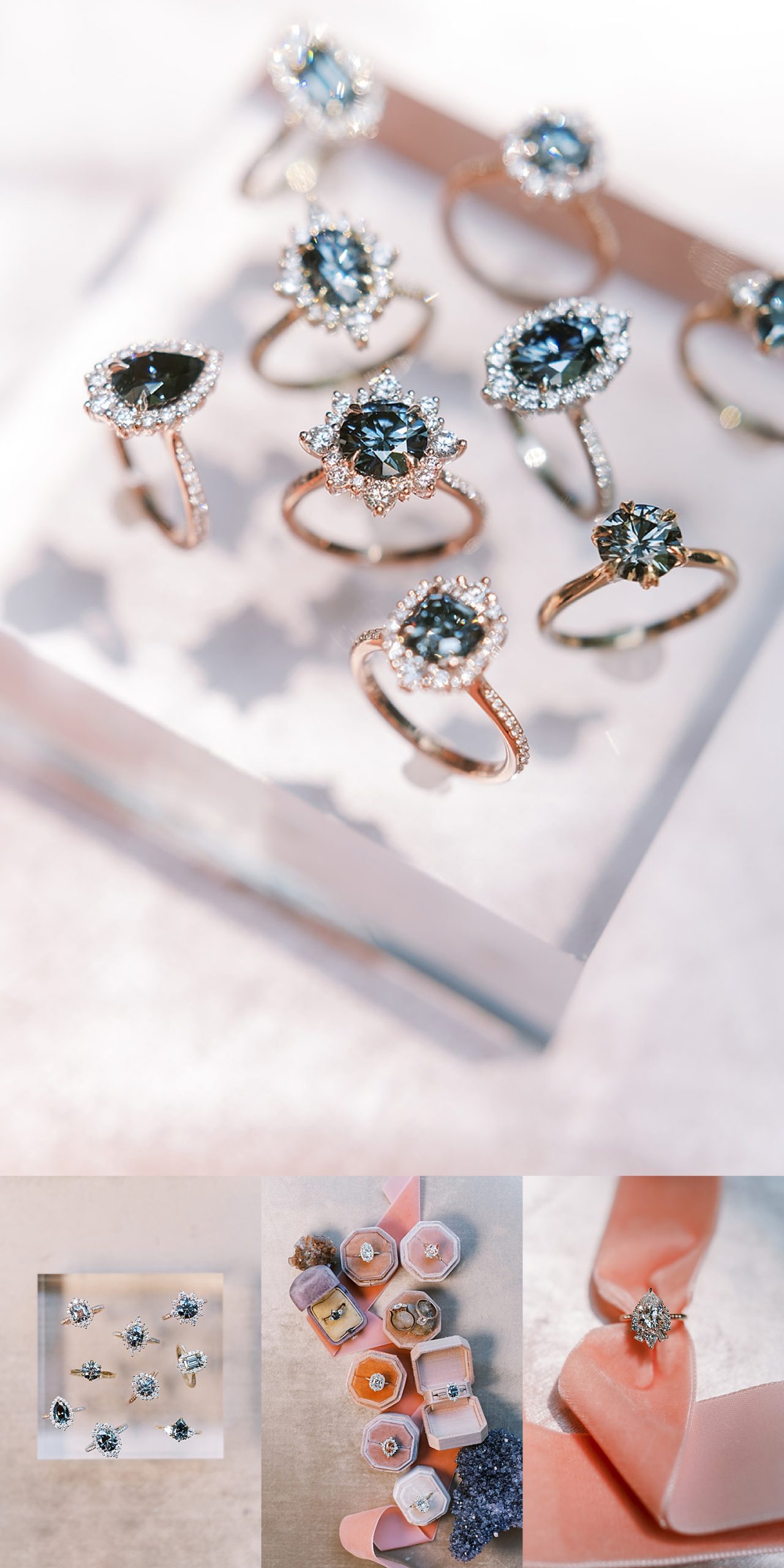 blue diamonds in a rose gold setting and some blush pink undertones and ring boxes to match