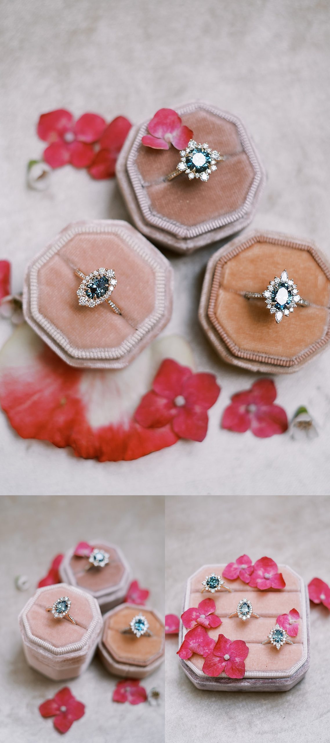 a blush pink ring box set paired with blue diamond rings in a gold band