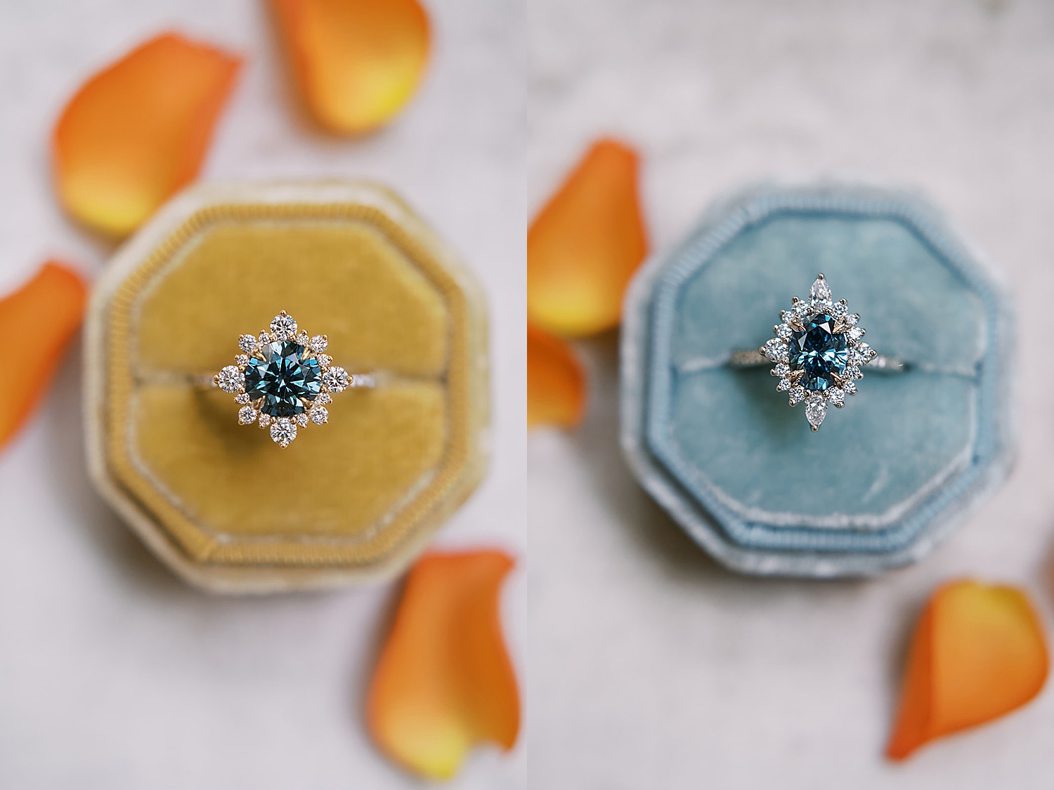two blue diamonds in a light blue and yellow ring box with orange tones to compliment 