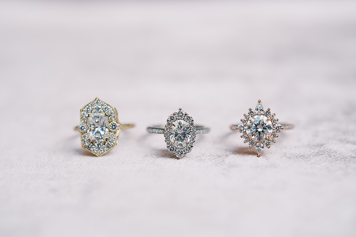 classic diamond rings with a unique twist with gold, rose gold and silver band