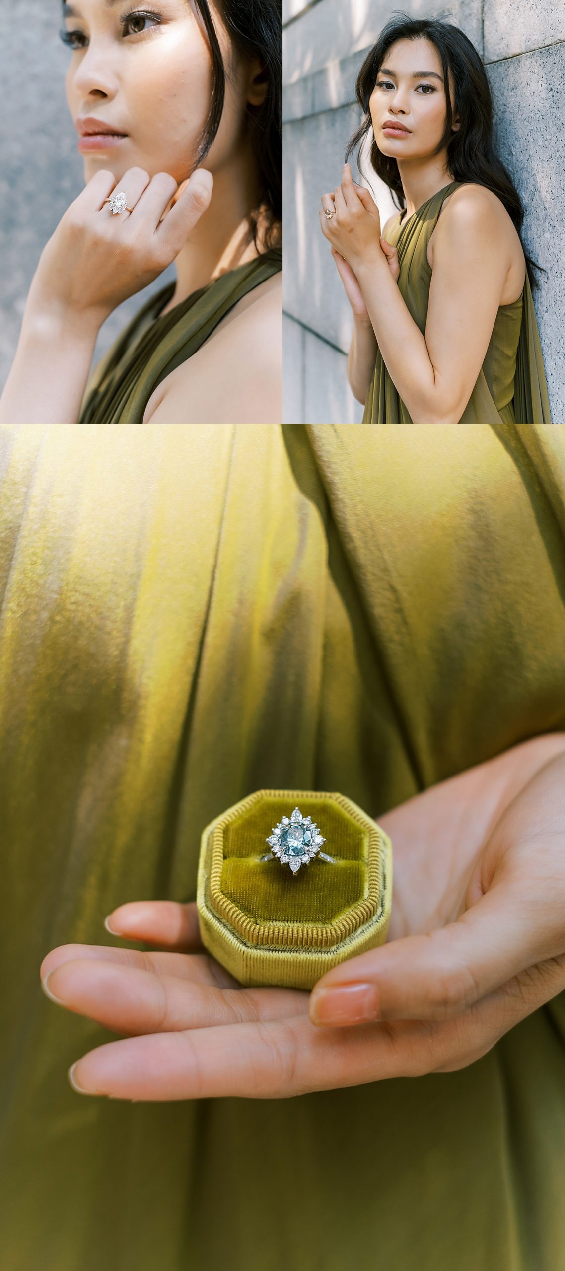 model wearing olive green dress showing off teal blue diamond 