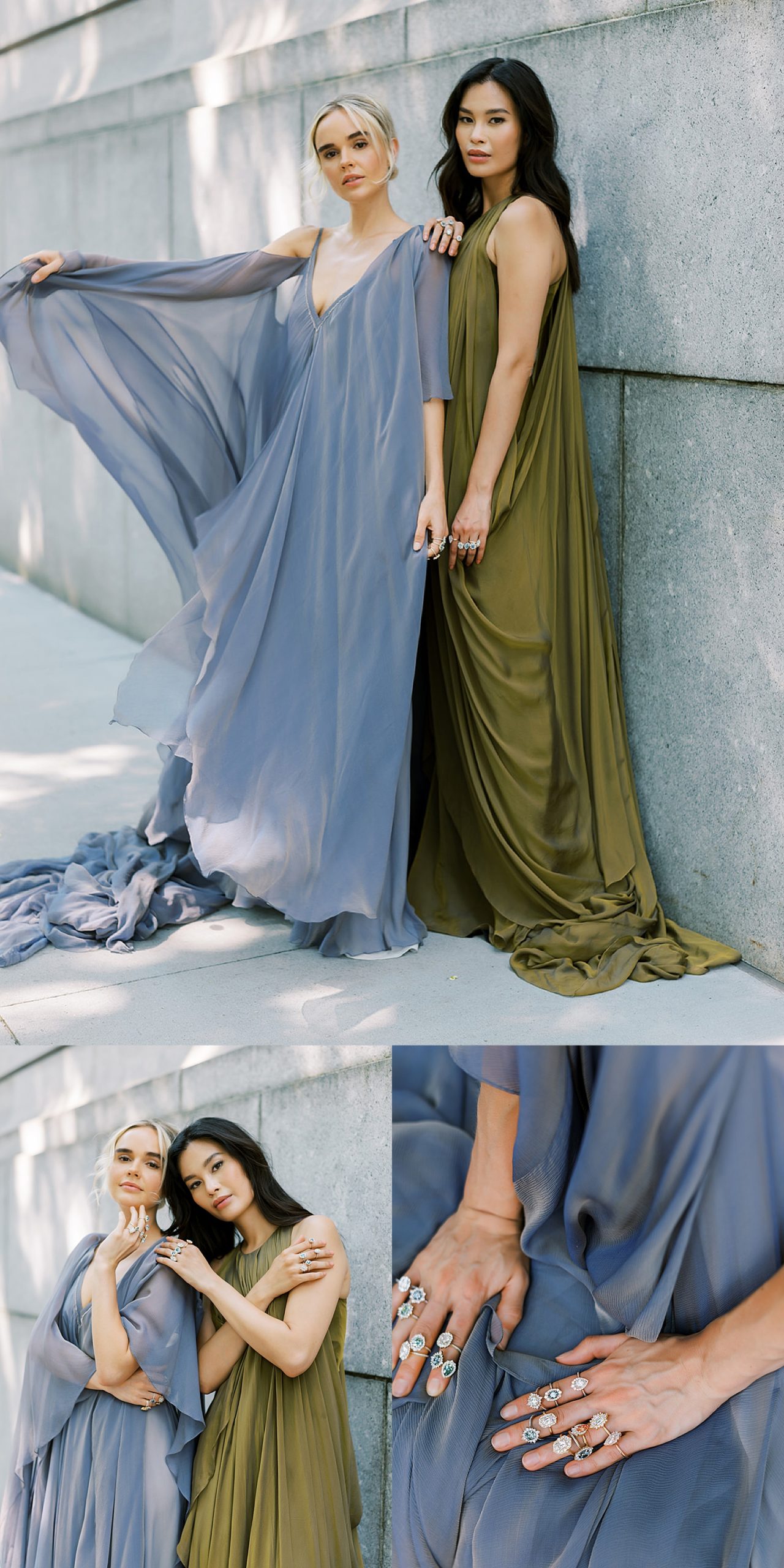 two models for Kristin coffin jewelry in long romantic dresses for editorial campaign 