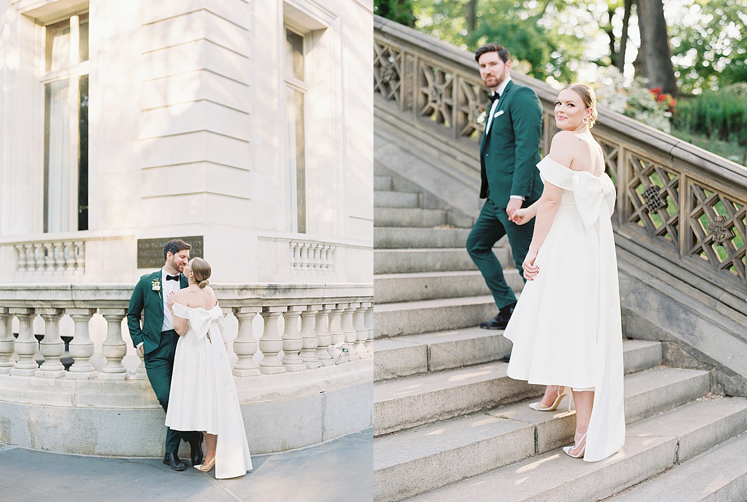 bride and groom walking up the steps of a Central Park elopement in New York