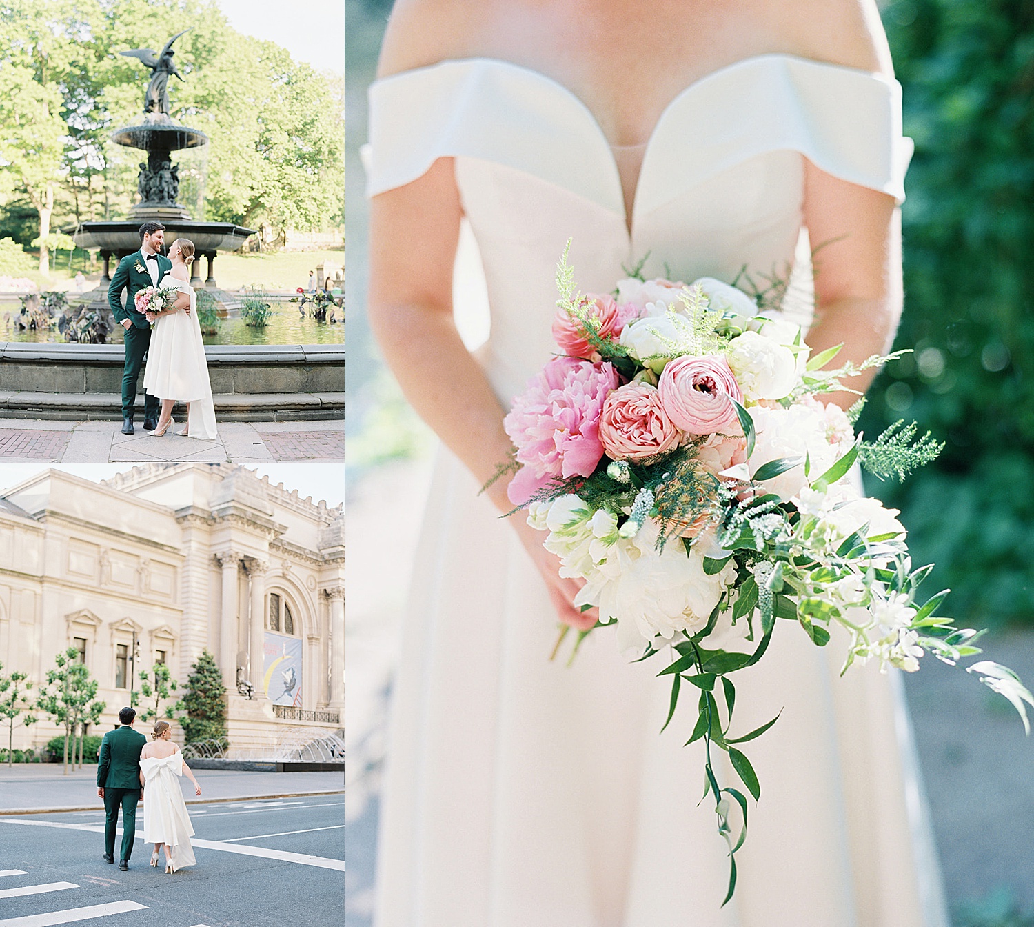 bride holding floral bouquet with pink, white, and green accent colors during elopement 
