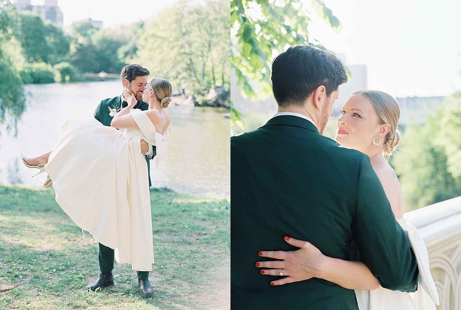 bride and groom share kiss in Central Park in front of New York elopement photographer 