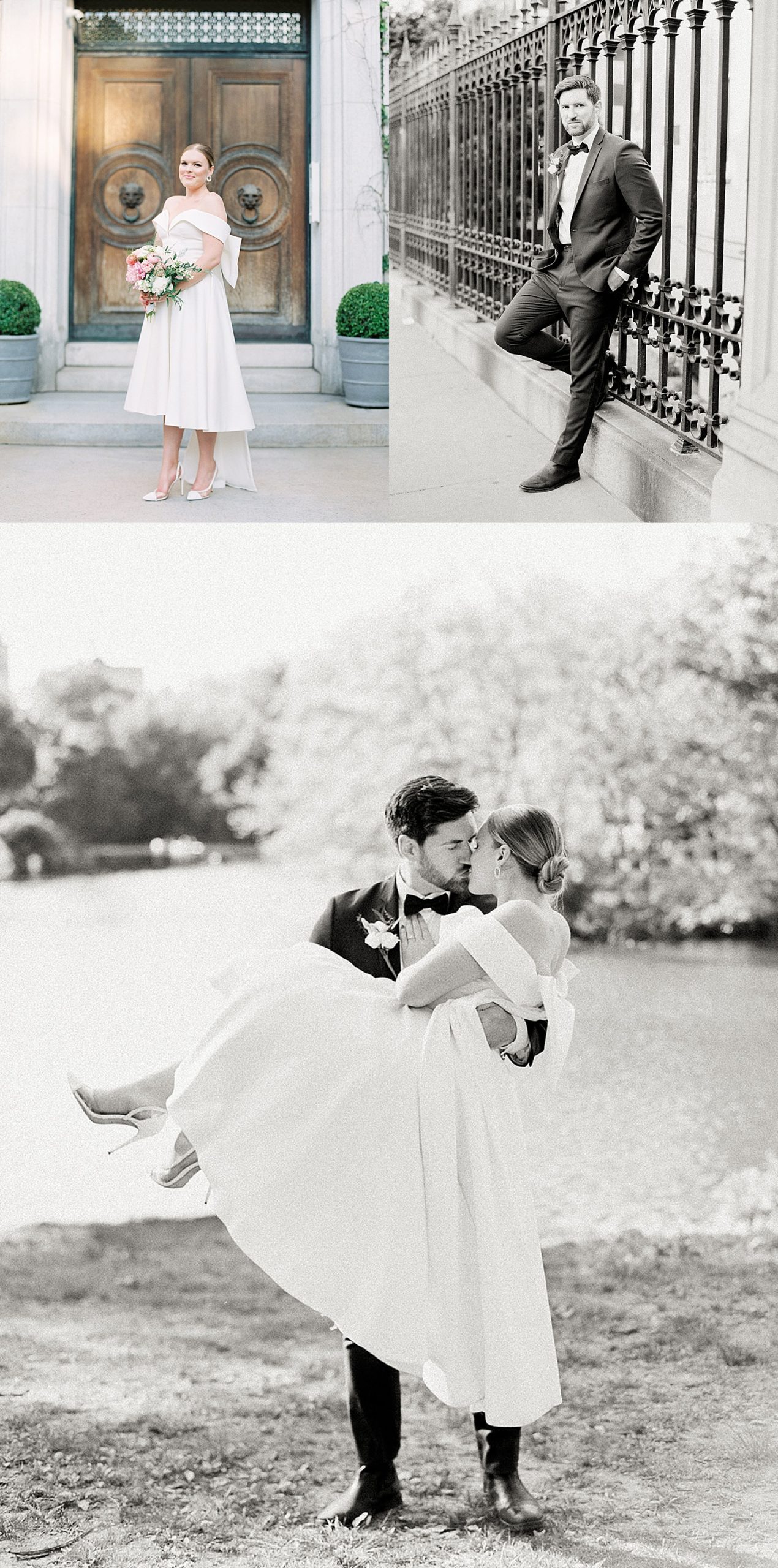 bride in elegant wedding dress and groom in black tie before Central Park elopement 
