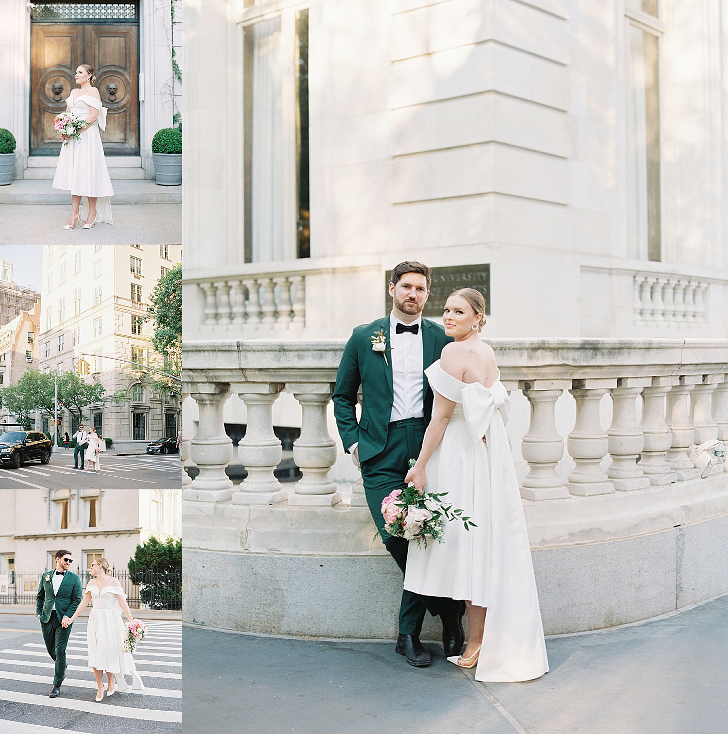 bride and groom holding hands walking the streets of New York while holding floral bouquet 