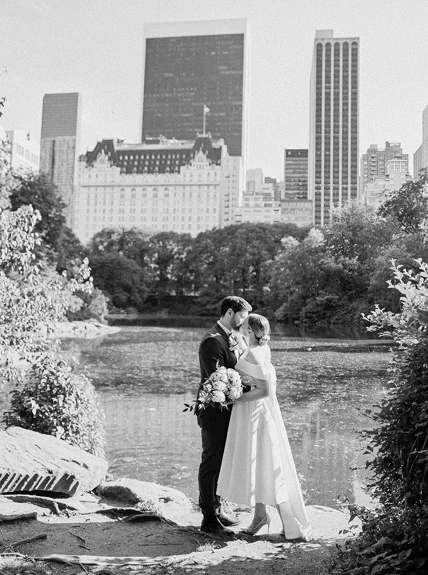 bride and groom have intimate moment in Central Park after ceremony with New York City photographer 