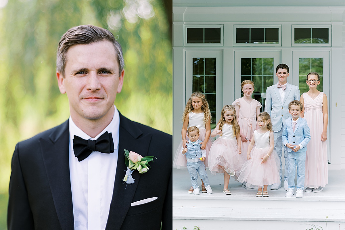 Groom closeup with boutonniere next to flower girls and ring bearers in pastel wedding clothes shot by sophie kaye photography 