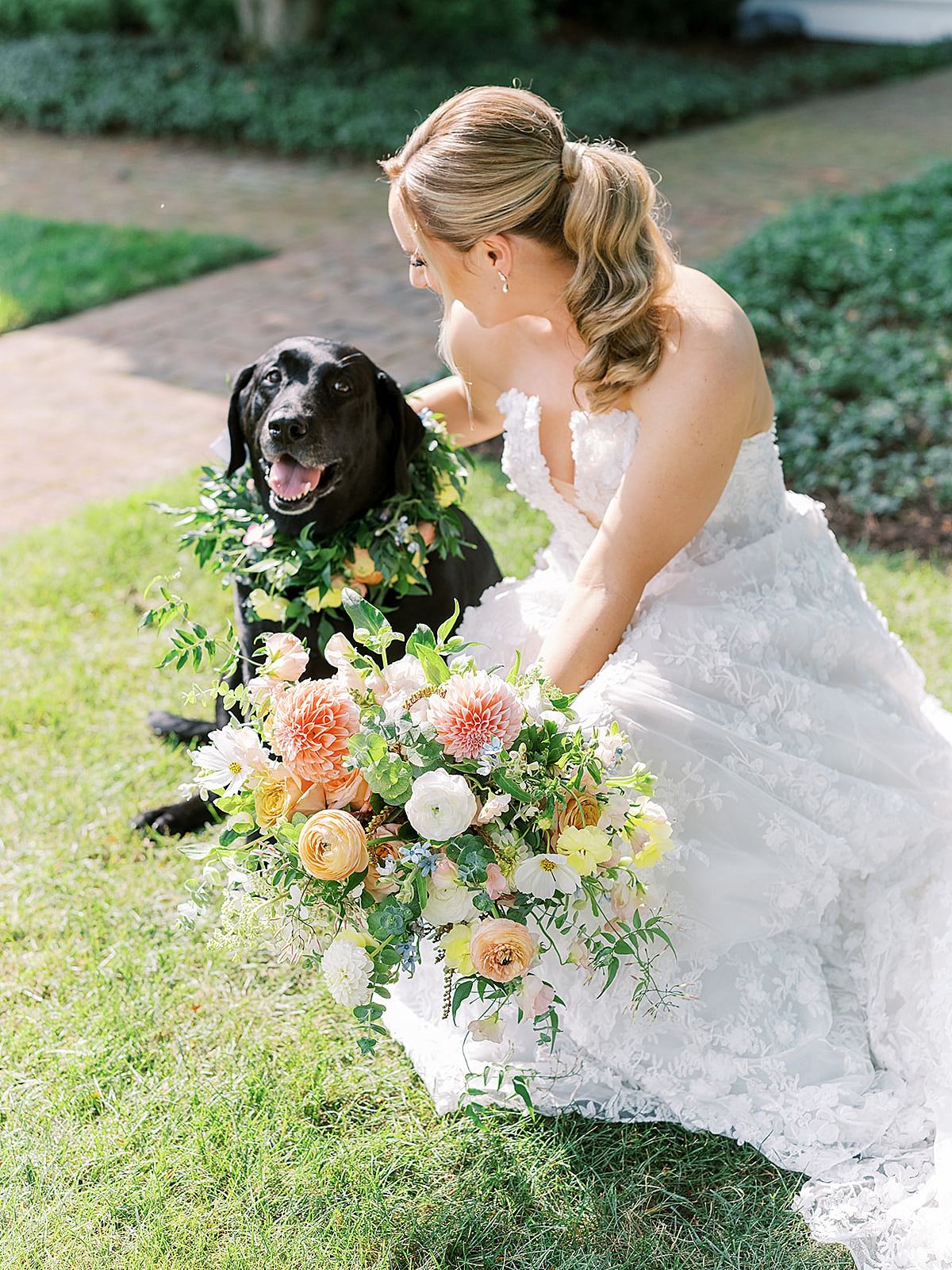 bride with pastel bouquet and embellished gown pets family dog wearing floral wreath collar at wedding shoot by sophie kaye photography