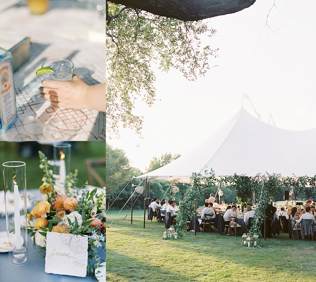 Wedding guests enjoy summertime cocktails under backyard tent at luxurious hometown celebration shot by sophie kaye photography