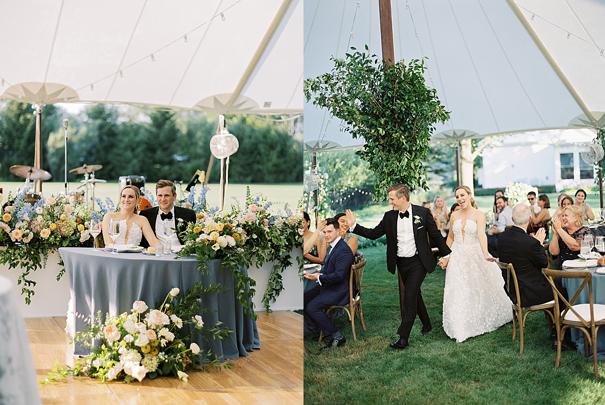 newlywed bride and groom arrive at backyard tent reception shot by destination luxury photographer
