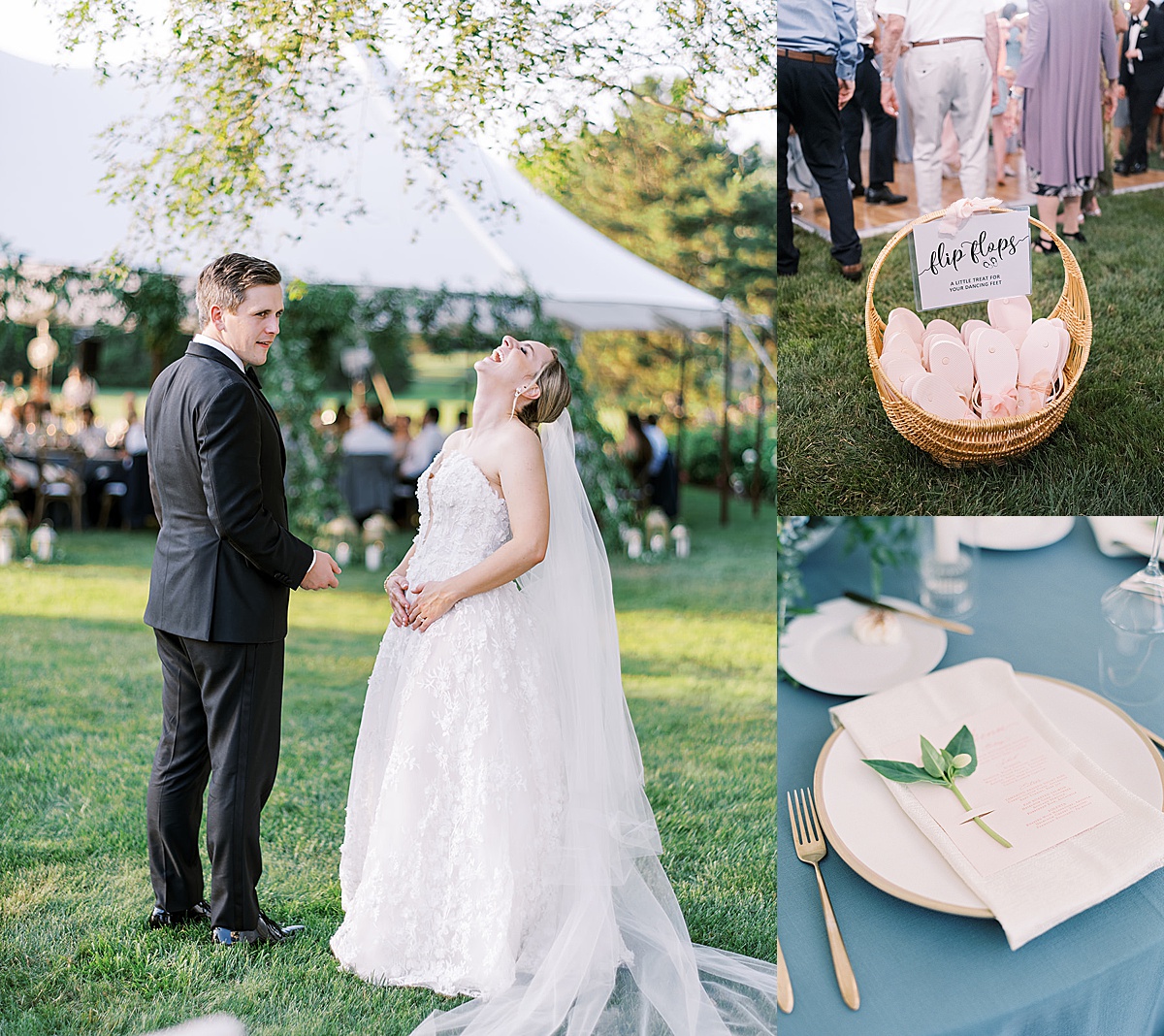 newlywed bride and groom share a laugh at outdoor summertime wedding with flipflops and classic place settings shot by destination luxury photographer