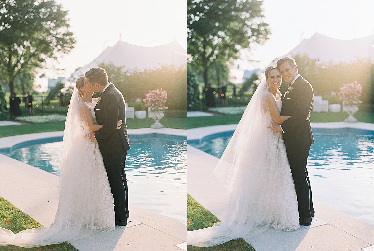 Newlywed bride and groom kiss poolside at idyllic outdoor hometown wedding shot by destination luxury photographer sophie kaye