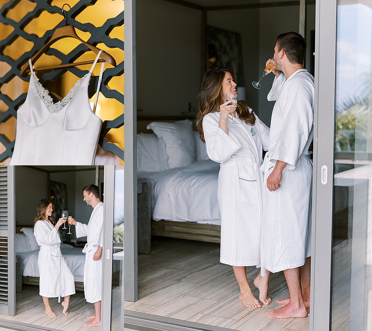 bride and groom get ready in luxe robes at beach paradise hotel during Anguilla Elopement 