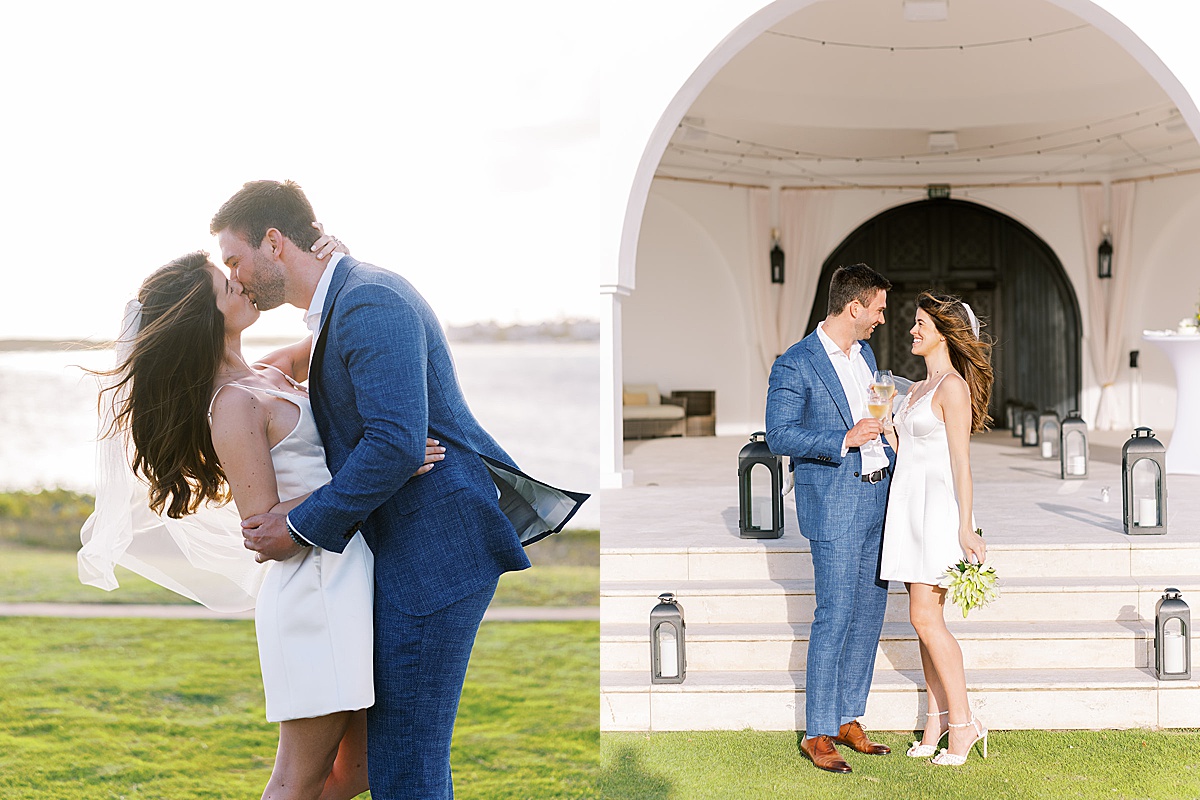 Newlywed bride and groom kiss in front of ocean at Caribbean Island elopement shot by Sophie Kaye Photography