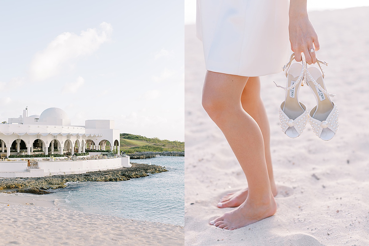 bride takes off pearl embellished heels to walk the white sand beach at resort hotel elopement shot by Sophie Kaye Photography