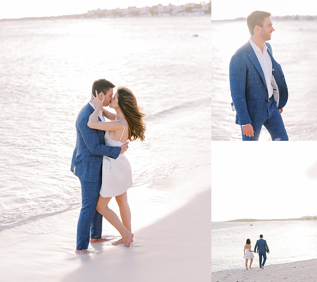 Bride in elegant minidress and groom in linen suit kiss barefoot at tropical resort elopement shot by Sophie Kaye Photography