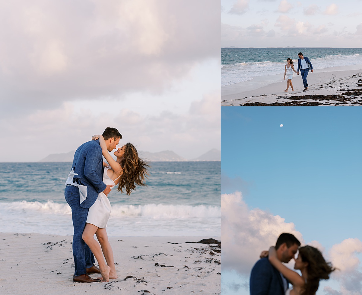 newlywed couple kiss on the beach in caribbean elopement shot by destination luxury photographer