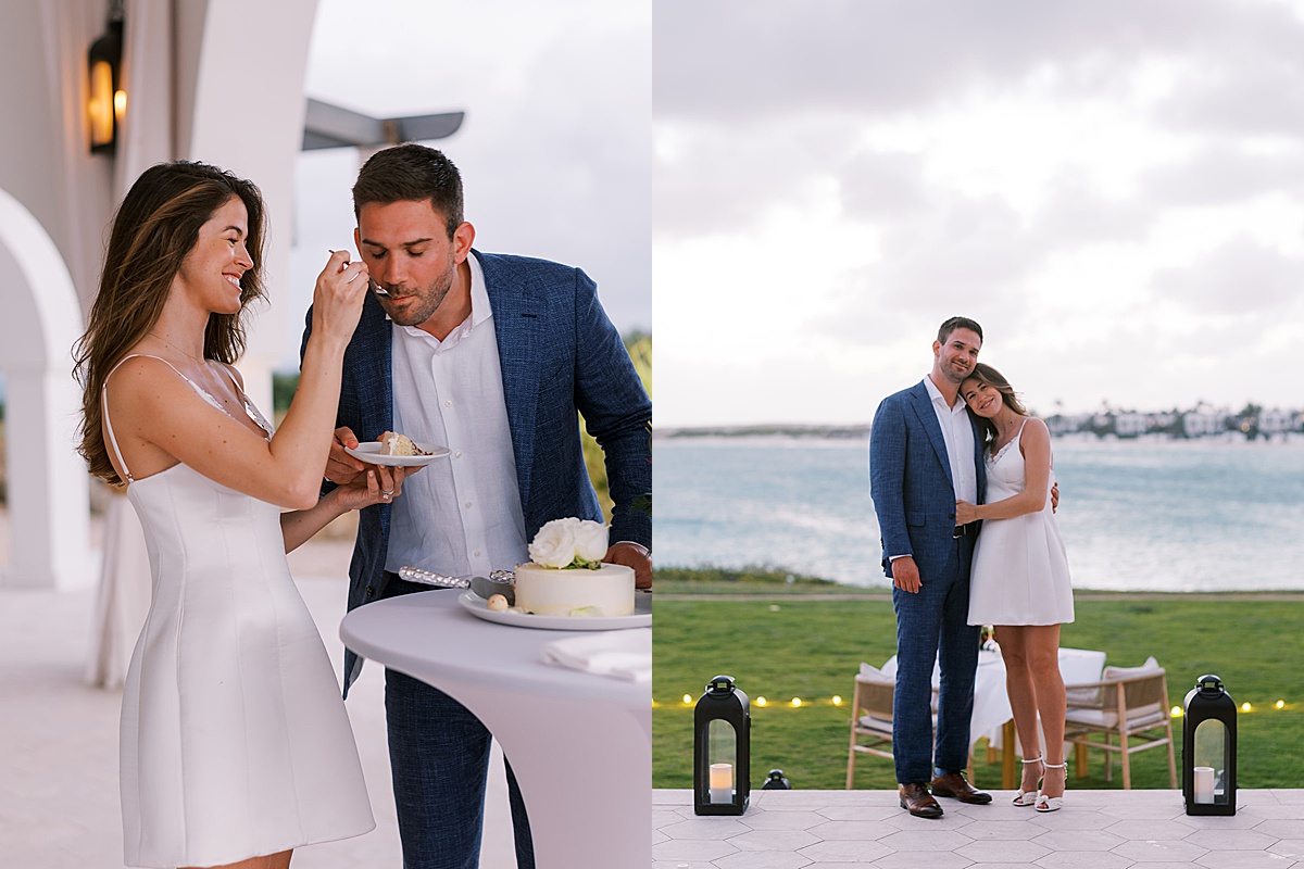 bride and groom eat cake and pose on green lawn overlooking the ocean at island elopement shot by destination luxury photographer